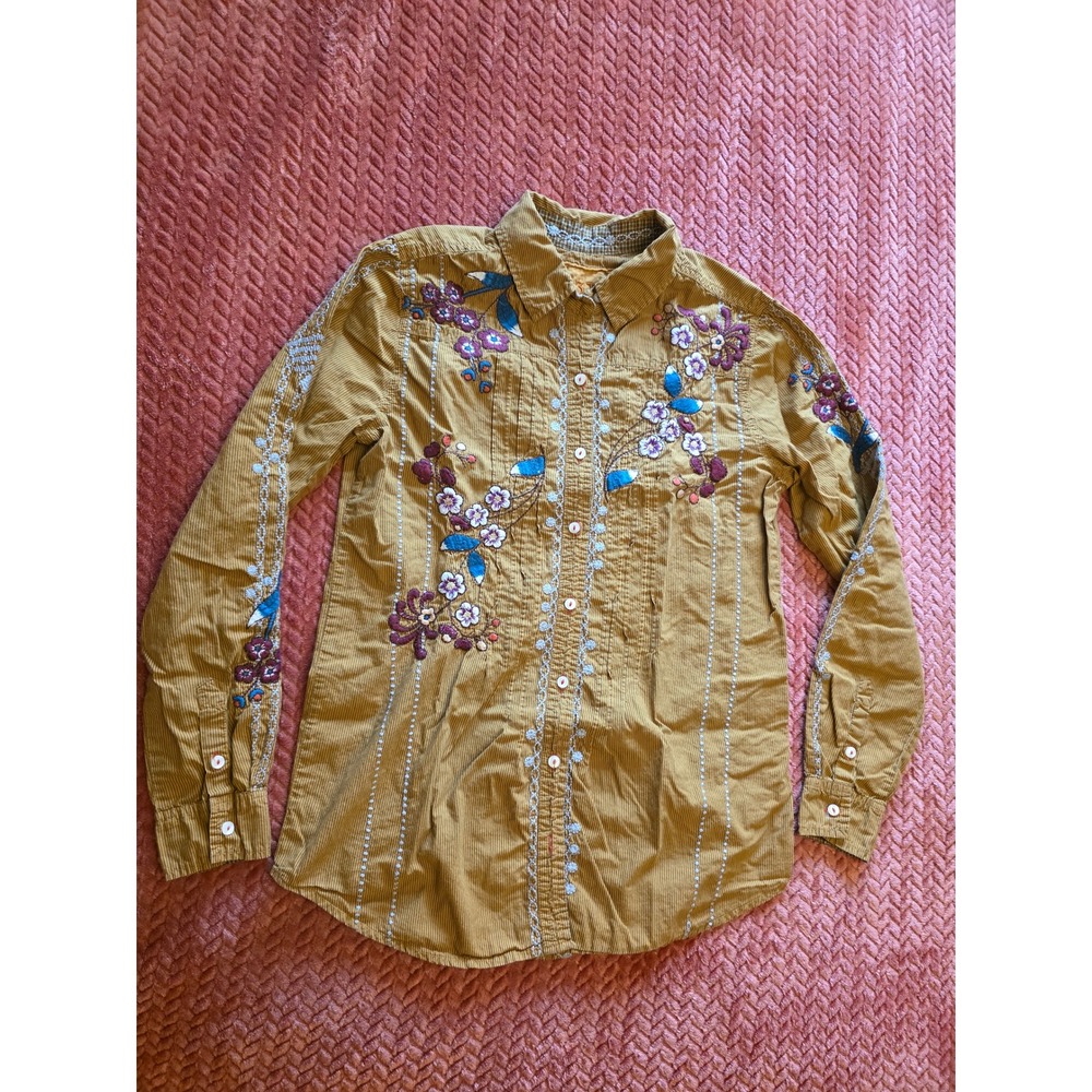 3J Workshop Johnny Was Mustard Corduroy Floral Embroidered Button Down Shirt XS